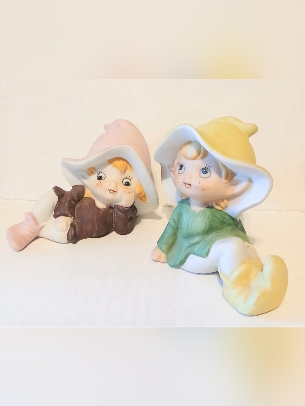 Vintage Homco Pastel Pixes Set Of Two Bisque Porcelain Elves